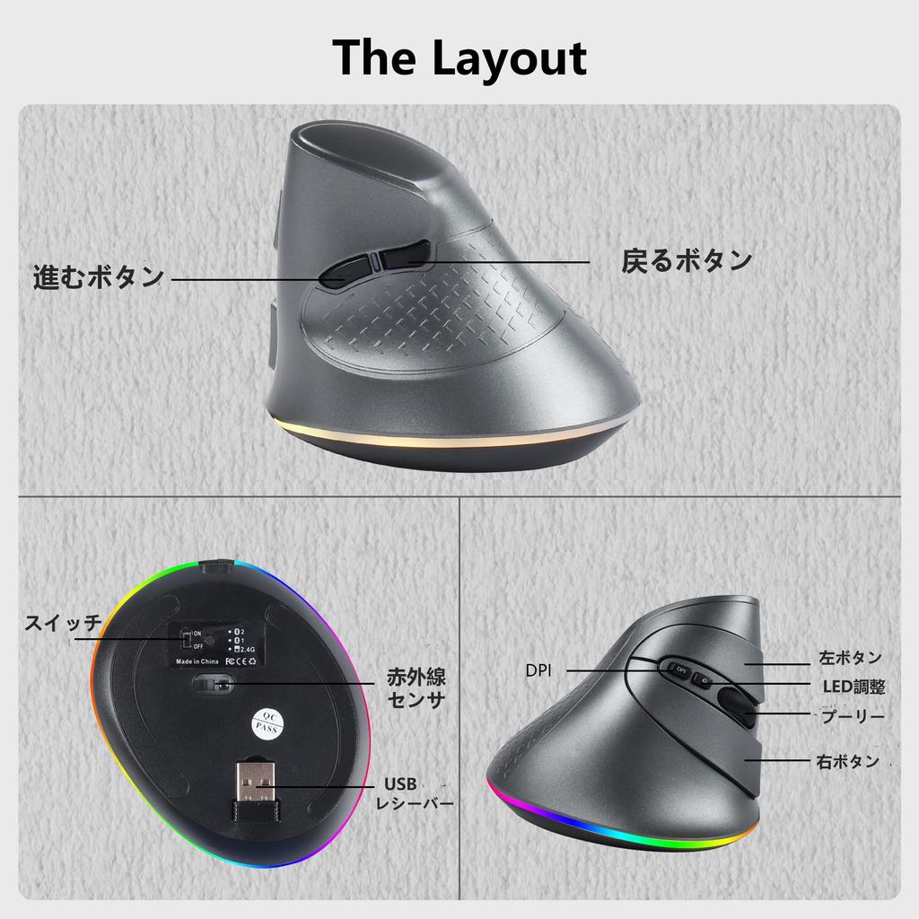 USB Wireless Bluetooth Rechargeable Vertical 7 Vertical Compatible with iOS 13 and and Microsoft Gray 2.4GHz 5.1 Mouse, Quiet, Buttons, Ergonomic,