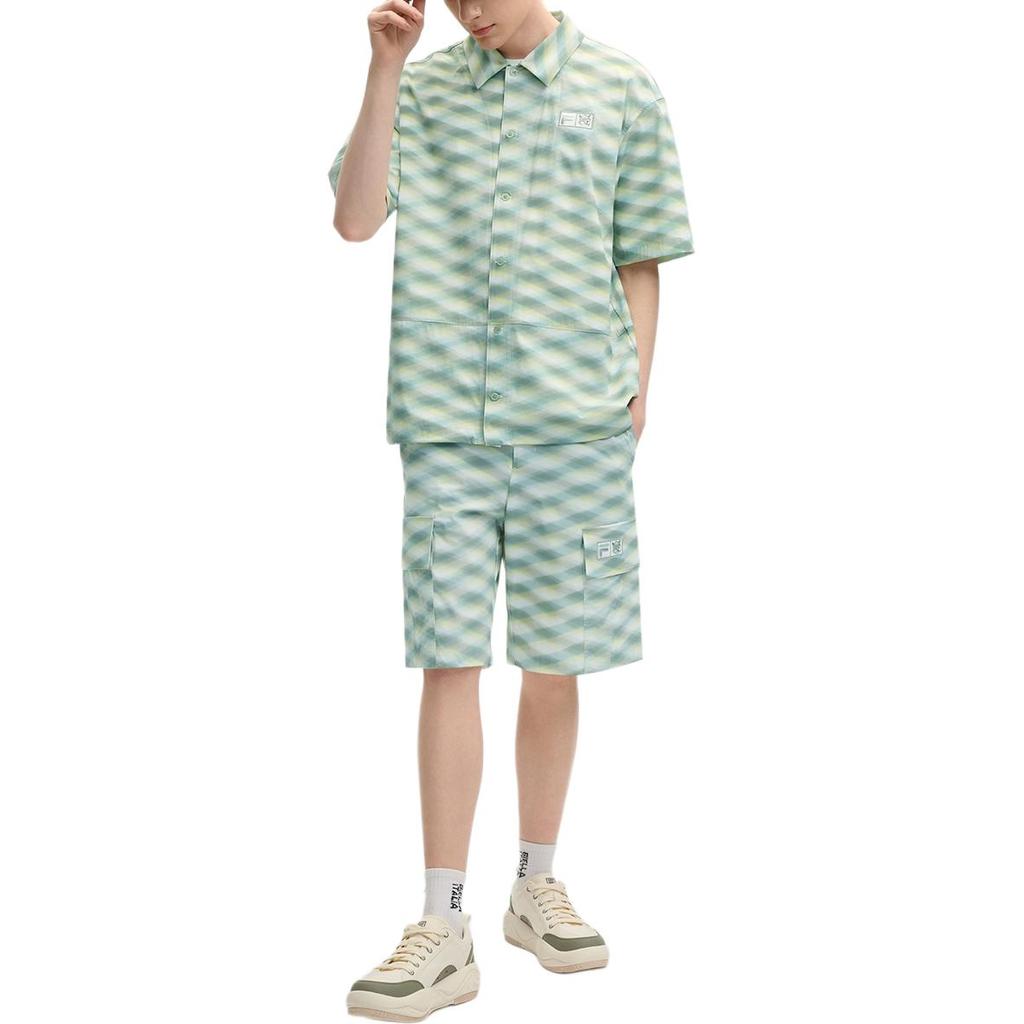 Fila X MAISON KITSUNE Original Logo Fashion Print Loose Fit Woven Drop Shoulder Short Sleeve Shirt Men Shirts Light-Green F11M529404F-LG