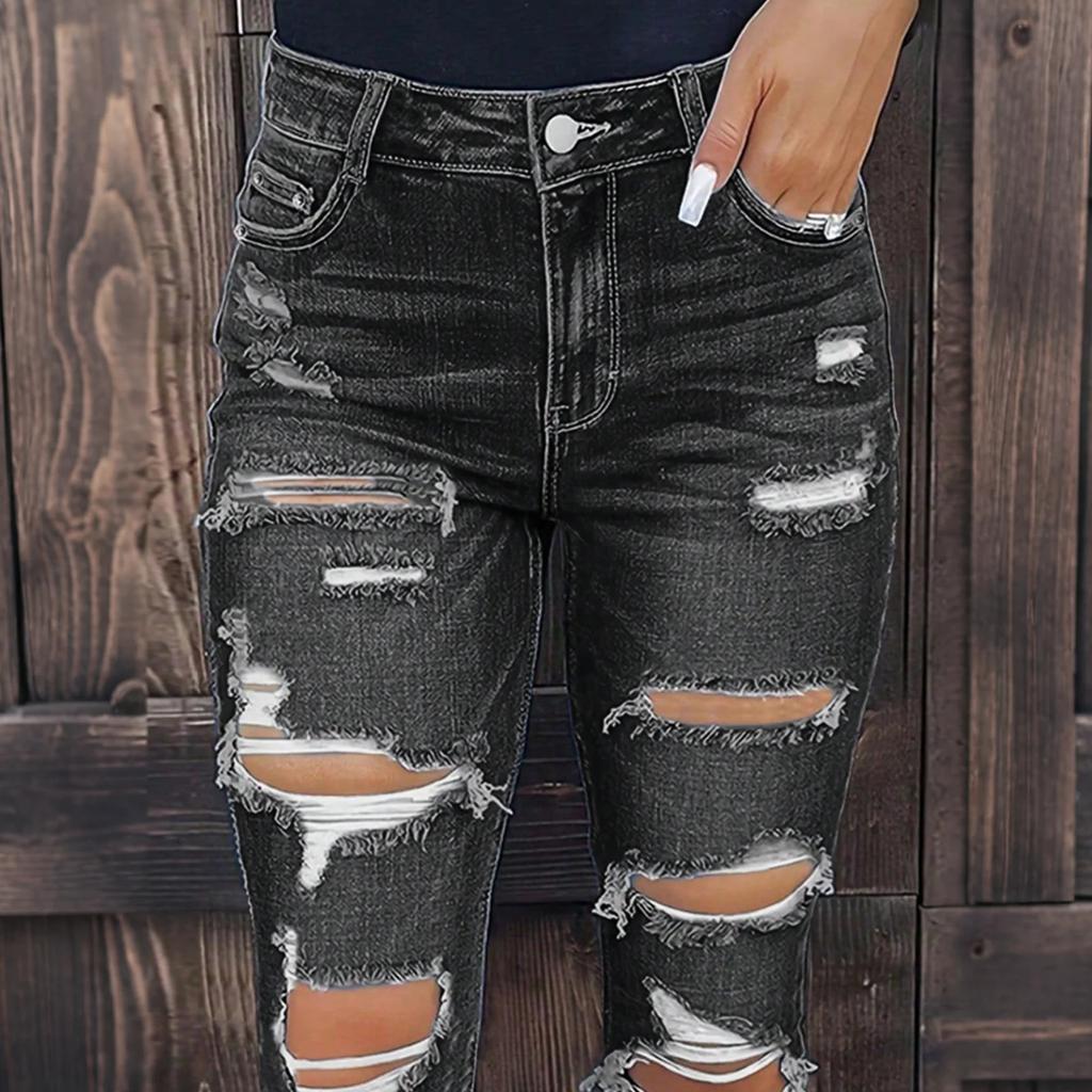 Dámské Skinny Trend Roztrhané Ležérní Módní Džíny s Rovnou Nohavicí