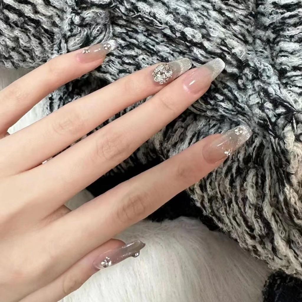 French Cat Eye Flash Bare Color Flowing Gold Years False Nails Pure Handmade Nail Art Uv Gel Nails Medium Gradient Stylish