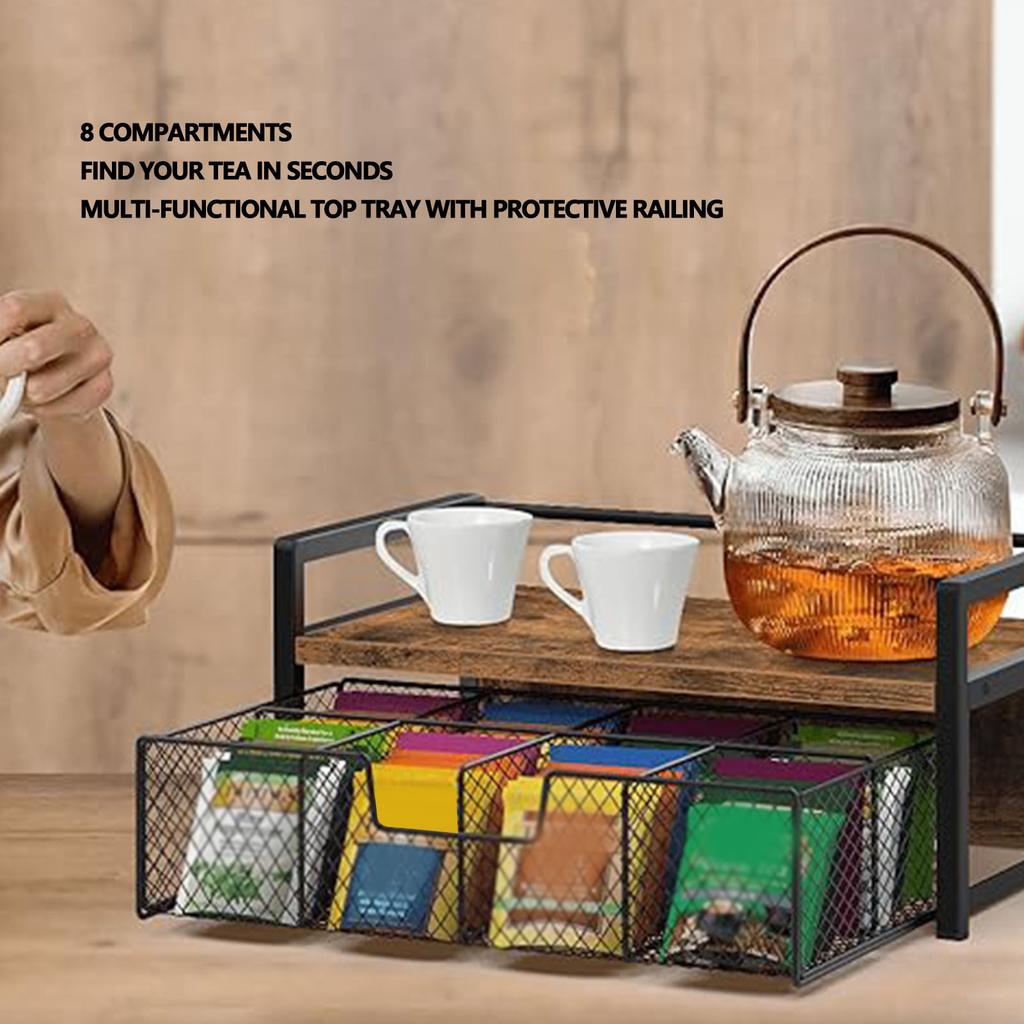 Tea Bag Organizer Holder with 8 Compartments Storage Drawer Tea Station Chest Display Container Box for Countertop