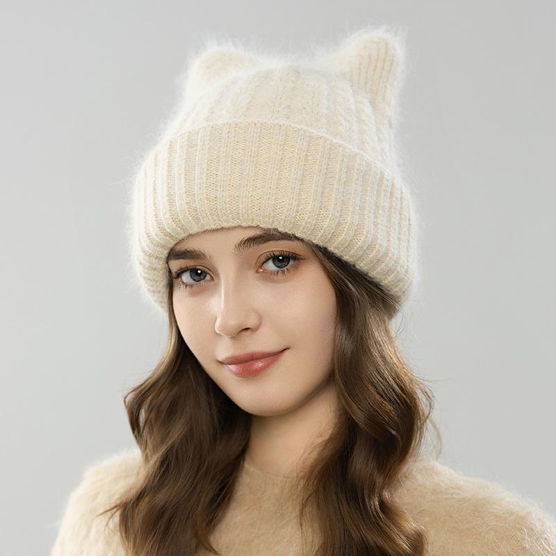 Angora rabbit fur hat autumn and winter knitted plush cat ear shape warm cute ladies casual hat