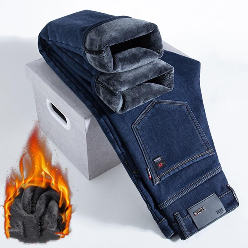 Men Autumn Winter Plus Size Thickened Warm Pants Fleece Jeans Business Casual Slim Straight Denim Trousers