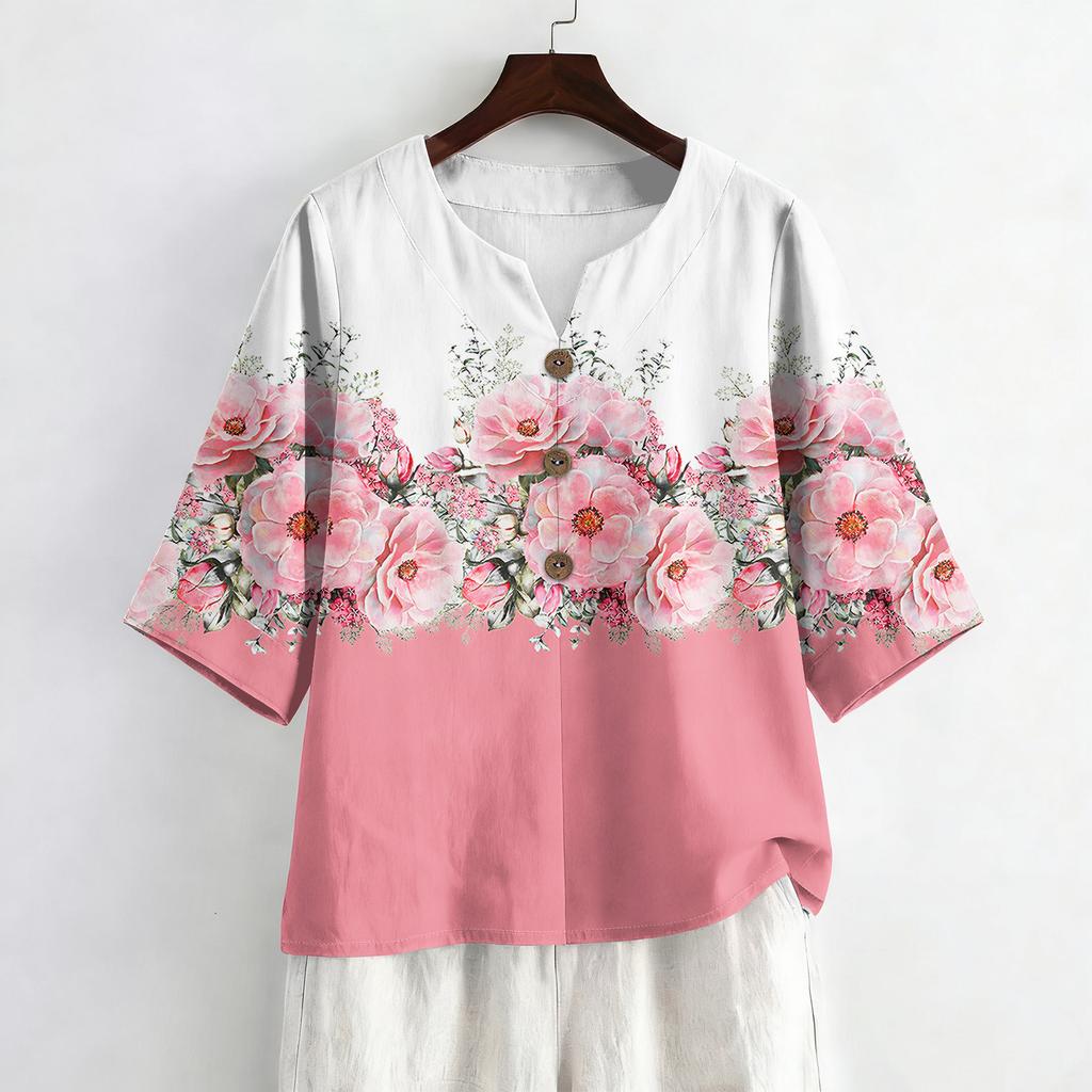 Women's Summer Fashion V-Neck 3/4 Sleeve Shirt Casual Loose-Fit Floral Print Top