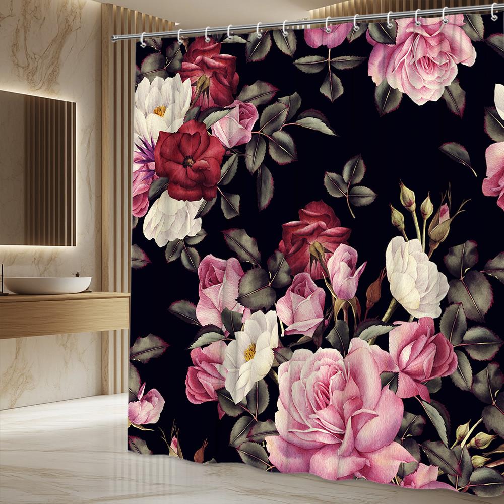 Black Background Rose Floral Shower Curtain Machine Washable All Season Waterproof Privacy Protection Elegant Design Romantic