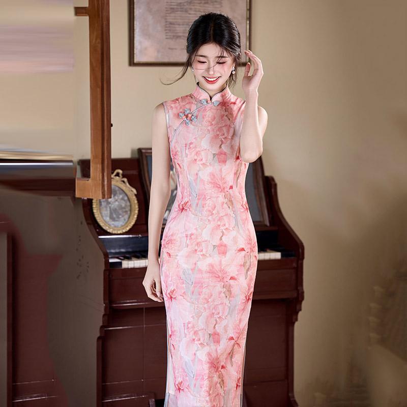 Pink national style traditional Chinese long cheongsam young women's retro slim short sleeves summer