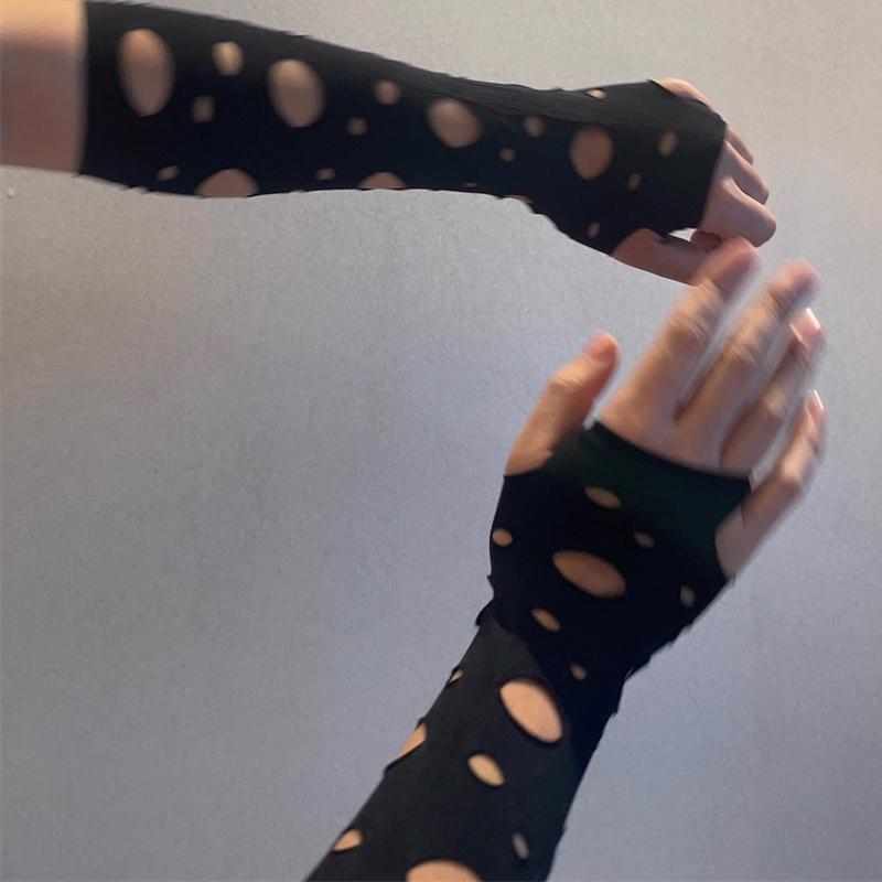 Unisex Gothic Black Gloves Sexy Fingerless Long Glove for Women Men Hollow Out Gloves Mittens Clubwear Dance Cosplay Accessories