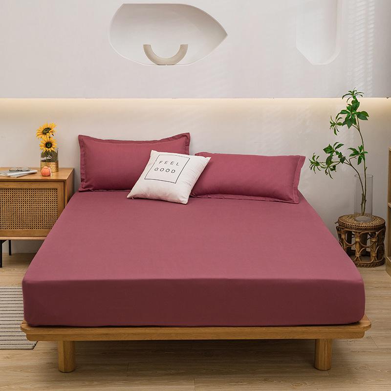 Solid Color Washed Cotton Fitted Sheet with Non-Slip Design and Skin-Friendly Pillowcase