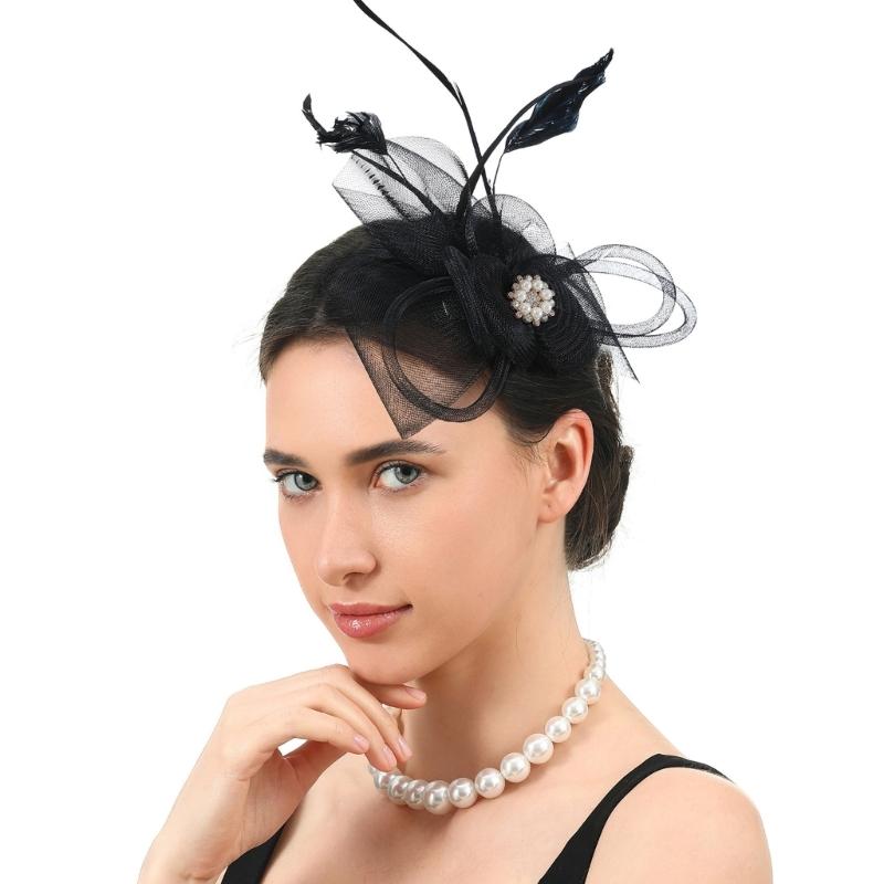 French Feathered Flower Fascinator Hair Clip For Women Elegant TeaParty Wedding Derby Cocktails Event Photography Props