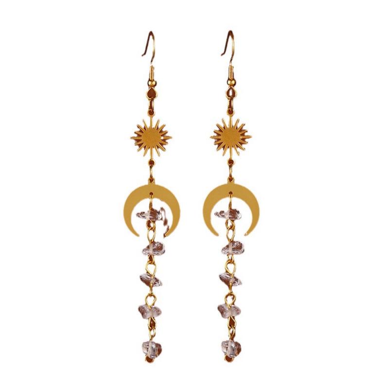 Fashionable Asymmetrical Crystal Tassel Dangle Earrings with Moonstone