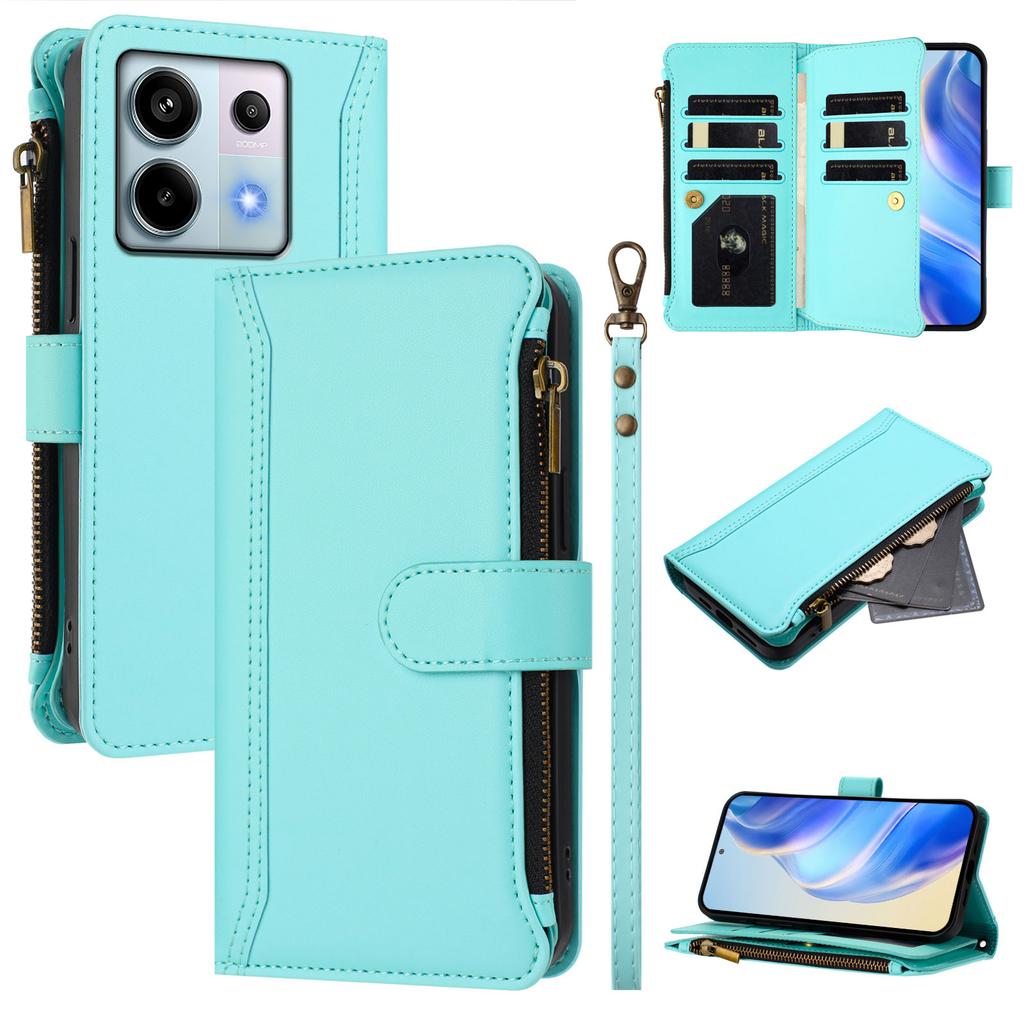 For Xiaomi Poco X6 5G/Xiaomi Redmi Note 13 Pro 5G Leather Case 9 Card Slots Zipper Wallet Stand Phone Cover with Wrist Strap