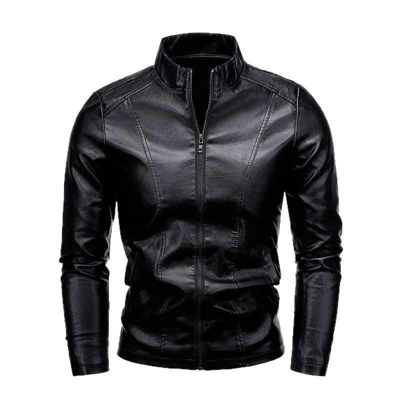 Mens PU Leather Jacket Winter Slim Fit Casual Stand Collar Zipper Front Outerwear Urban Style
