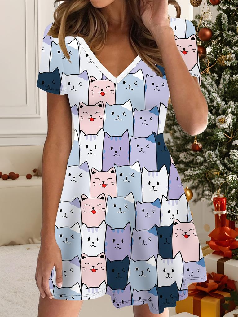 Mode Damen V-Ausschnitt Kurzarm Cartoon Katze Totem Bedrucktes Kleid Sex Kurzer Rock Kleider