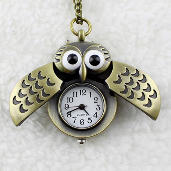 Retro Owl Shape Pendant Analog Pocket Watch Chain Necklace Unisex Jewelry Gift