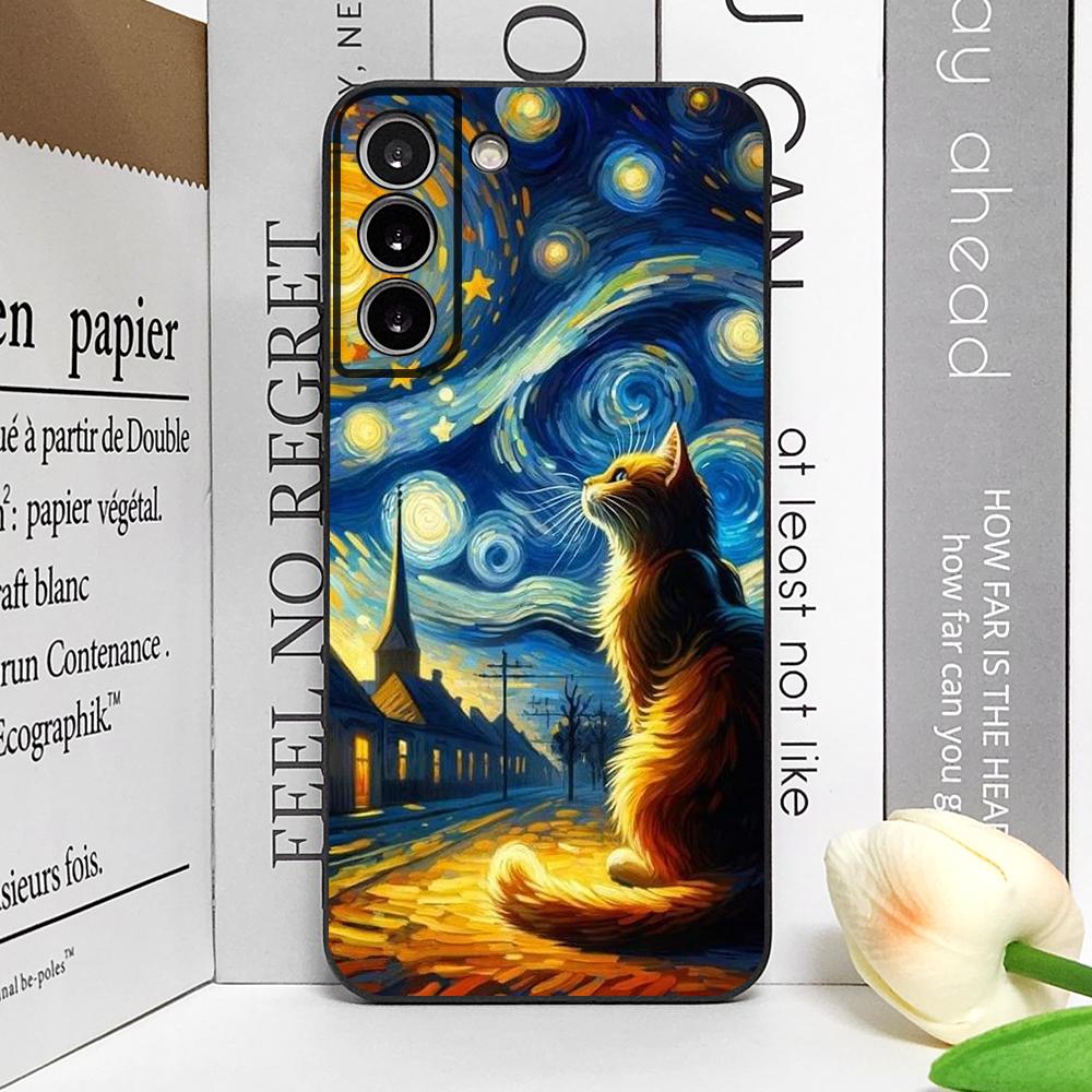 Cute Van-Gogh Starry Night Cat Phone Case for Samsung Galaxy S22 S23 S24 Ultra S25 Plus S21 FE 5G Soft Silicon Cover Fundas Capa