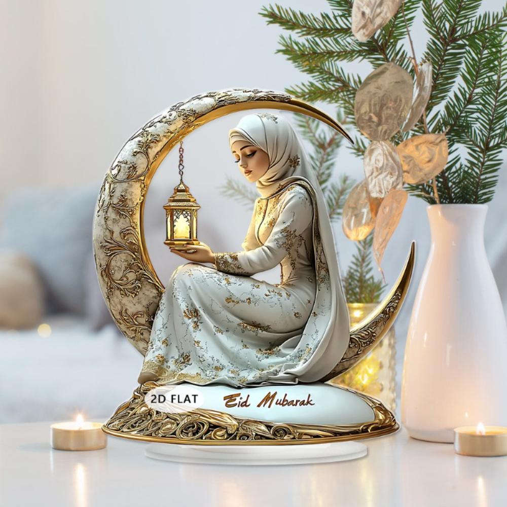 Flat Acrylic Exquisite Decor, White & Gold Moon Boat with Flowers & Lantern, Light Luxury Ornament for Office Bookshelf, Modern Art Gift for Festivals