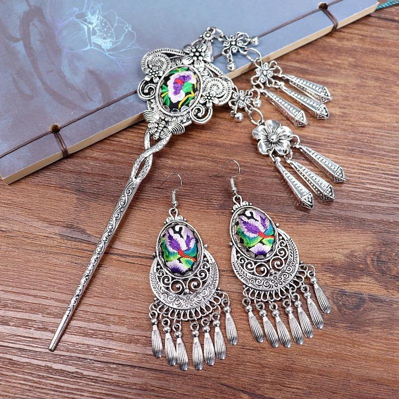 Vintage embroidery earrings hairpin classical temperament Miao peacock flower fringed earrings hair accessories set women