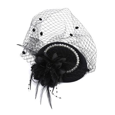 Women Fascinator Hat Feather Mesh Imitation Pearls Decor Pillbox Hat Small Top Hat Daily Party Hair Accessory