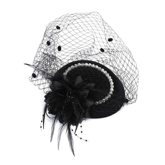 Women Fascinator Hat Feather Mesh Imitation Pearls Decor Pillbox Hat Small Top Hat Daily Party Hair Accessory
