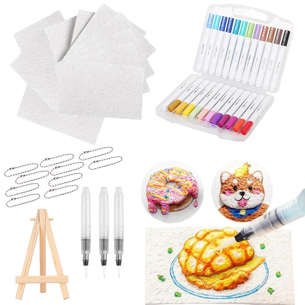 Magic Puffy Paint Art 3D Drawing Magic Canvas Sponge with 10 Foam Paint Paper and 12 Markers and 3 Soft Tip Water Storage Brush