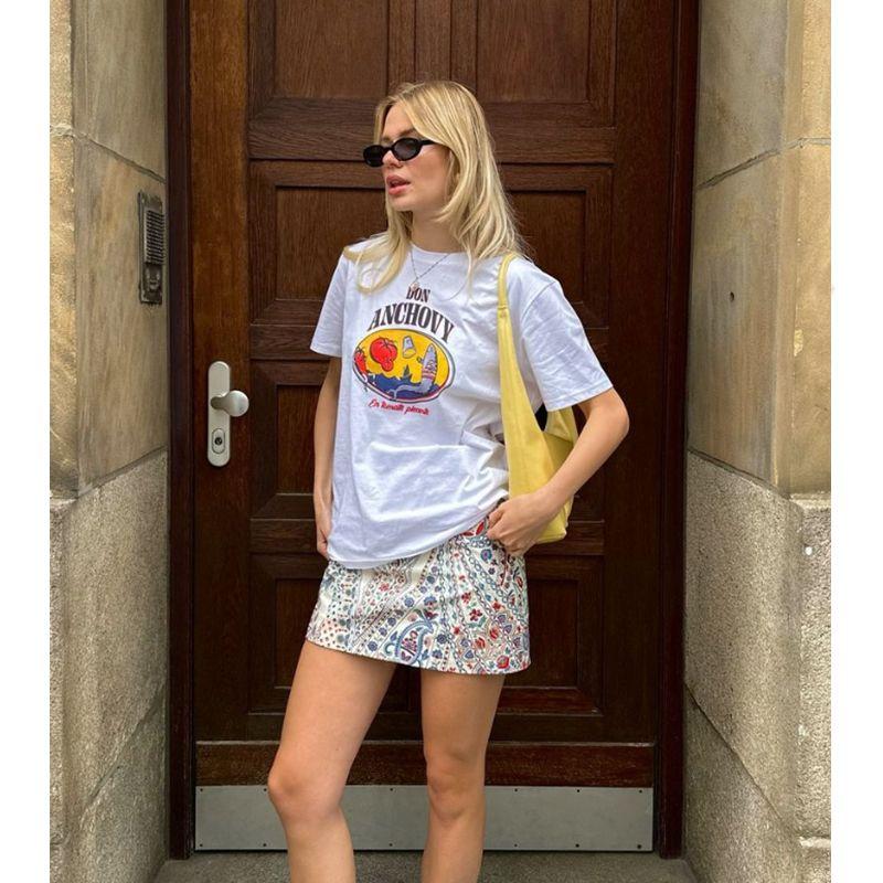 INS American Vintage Sports Style Print Round Neck Cotton Casual Loose Short Sleeve T-shirt Women