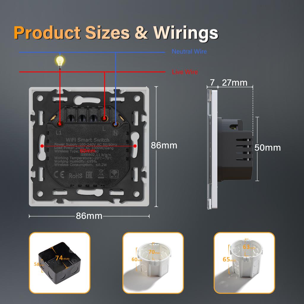 BSEED 1Gang 1/2/3way Wifi Touch Switches Wall Switch For Stairs Tuya Smart Life Alexa App Control White Backlight 10A For Villa