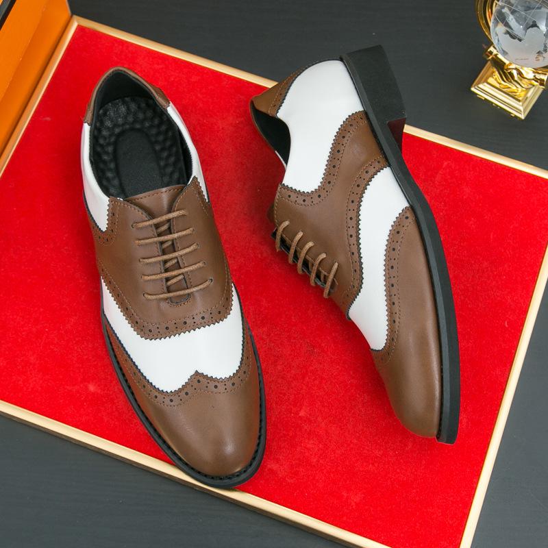 Men's Formal Black & White Brogue Leather Derby Shoes - Spring/Autumn Large Size Wedding Footwear
