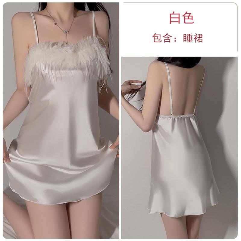

Sexy low-cut plush splicing silky smooth satin simple suspender nightdress robe women s loungewear set XL