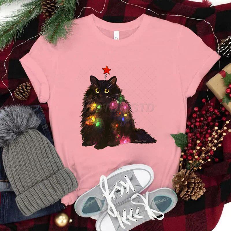 Women Tshirts Christmas Lights Cat Kawaii Cartoon Tops Tees Cute Animal Lover Funny T Shirts Girl Black Cat Fashion Casual Tops