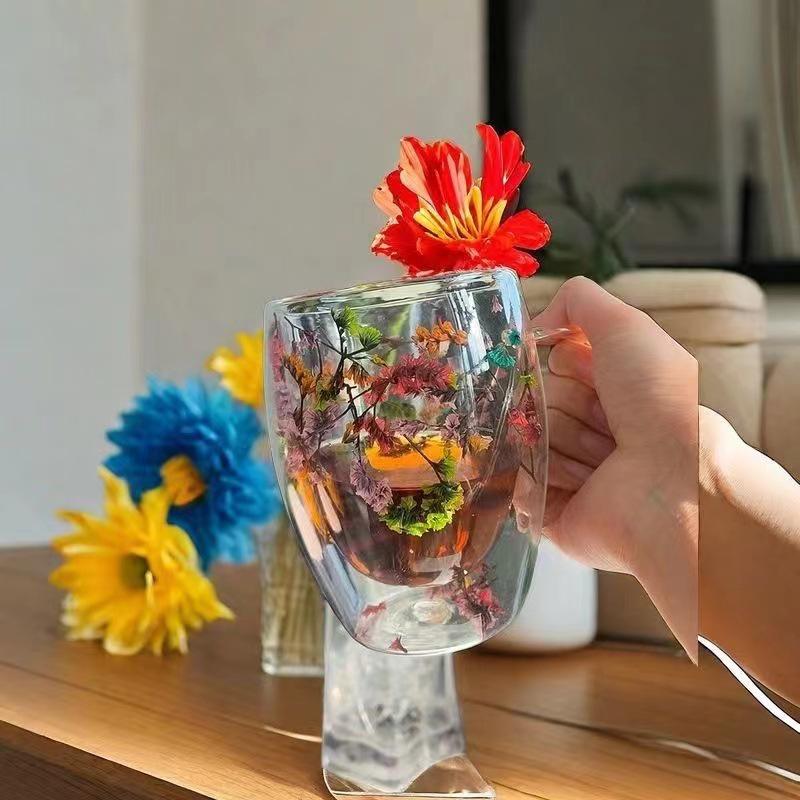 High-value Double-layer Glass Cup with Real Dried Flowers - Heat-resistant with Handle for Tea, Coffee, or Milk.