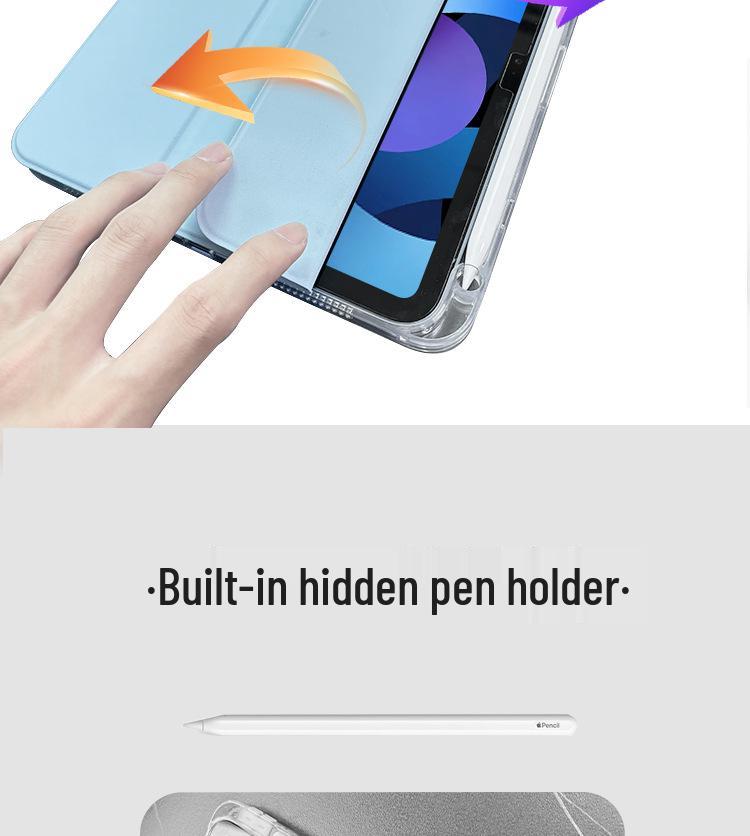 iPad Protective Case: Three-Fold Stand, Flip Cover with High Transparency, Anti-Drop Protection, and Pen Slot Design.