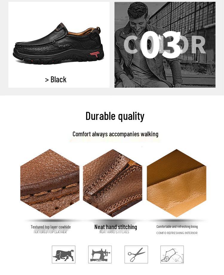 Men's Outdoor Casual Slip-On Leather Shoes - Large Size, Non-Slip, Wear-Resistant, Soft Sole