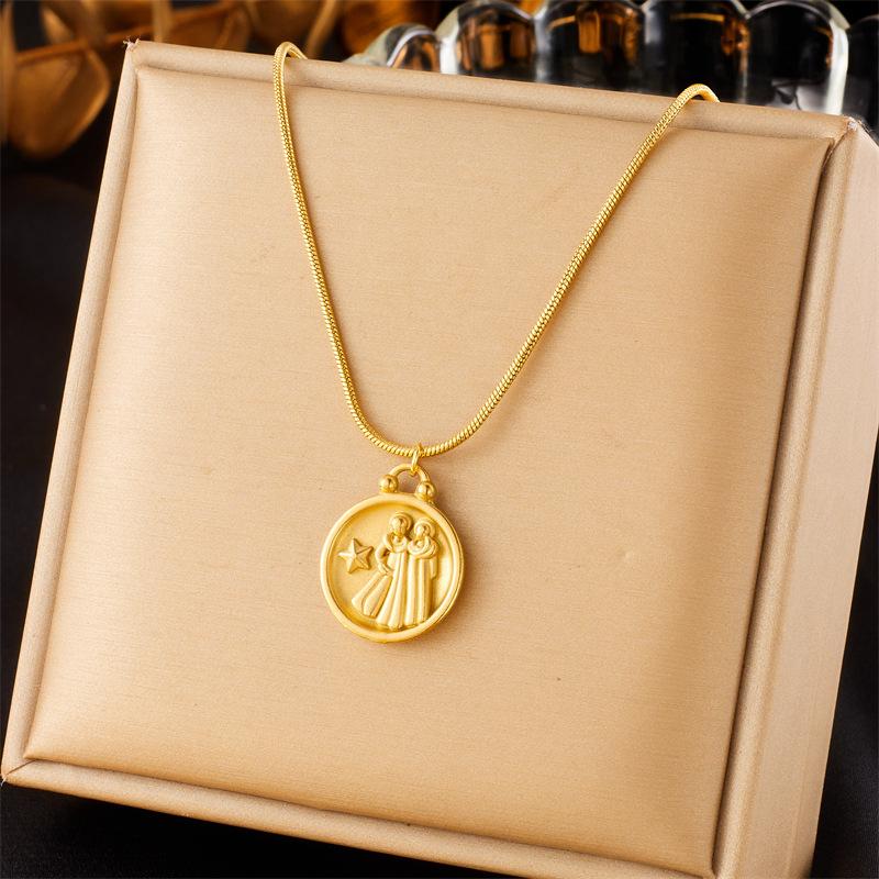 Retro New Round Double Sided Wearing 12 Constellation Pendant Titanium Steel Necklace Jewelry