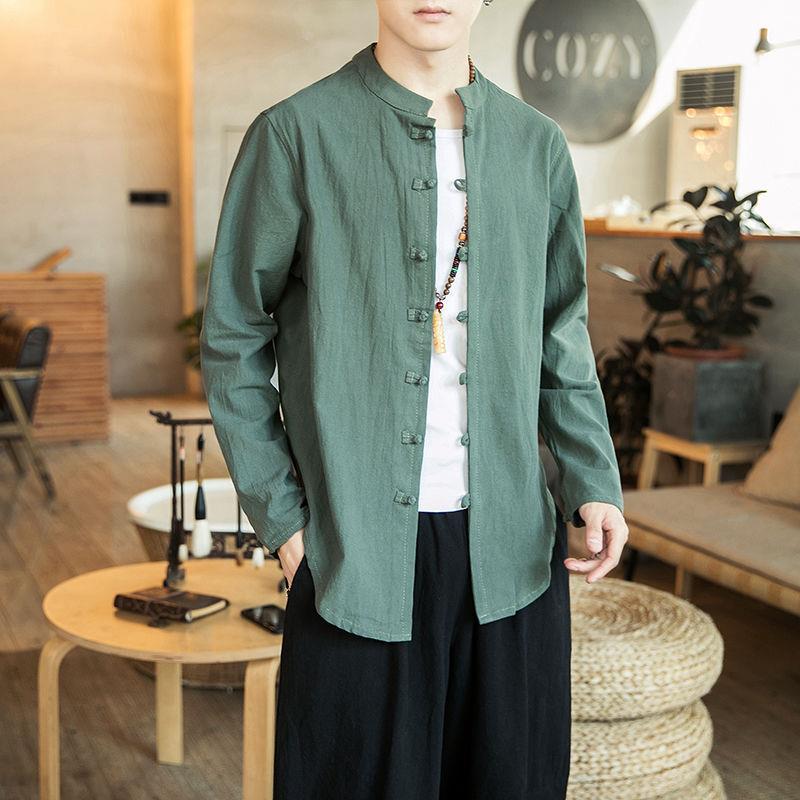 Men’s Chinese Style Long-Sleeve Linen Tang Suit Shirt and Jacket