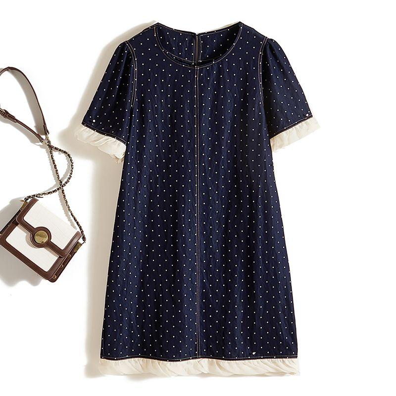 

Washing Water Denim Cotton Anti-Wrinkle Color Matching Skirt! Girls Summer round Neck Short sleeve Polka Dot Wide Feeling Strong Dress Breathable Dark Blue 2XL