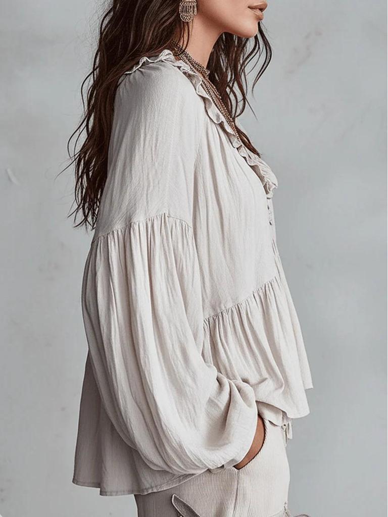 2026 Spring/Summer European & American Casual Ruffle Puff Sleeve Pleated Top