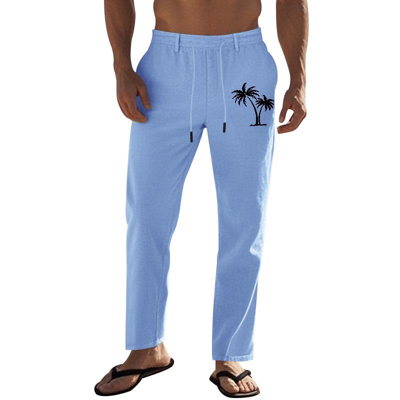 European, American Retro Men's Coconut Tree Printing Breathable Cotton and Linen Loose Casual Sports Trousers Men