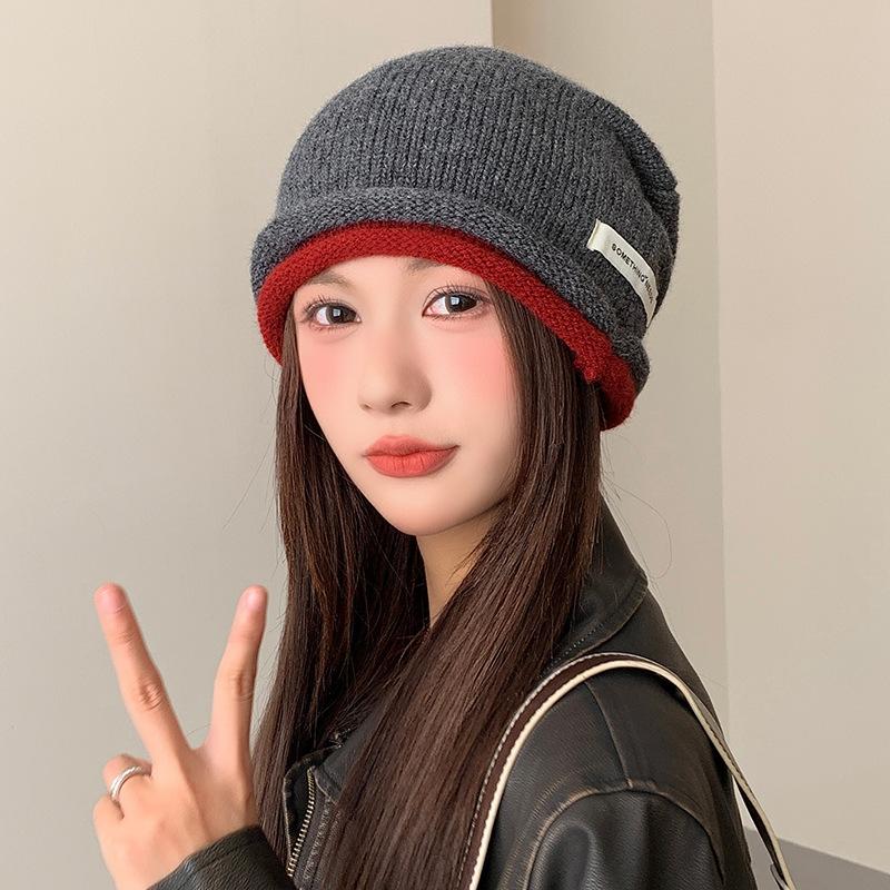 Drawstring Rolled Edge Woolen Hat for Women High End Striped Pile Hat Autumn and Winter Versatile Casual Warm Knitted Hat Baotou Hat