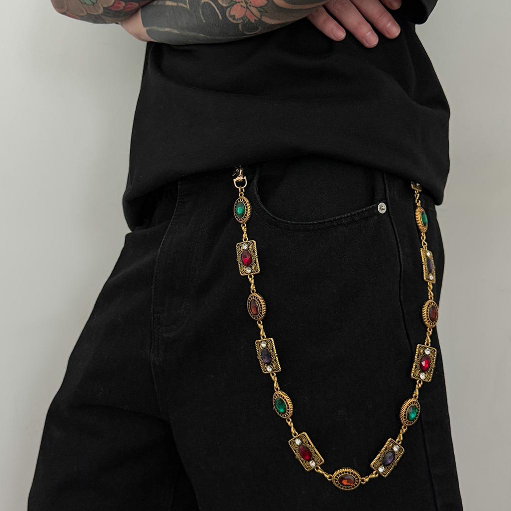 Women's Dress Waist Chain Accessory, Golden & Silver Metal Oval Carved Chain Rhinestone Belt