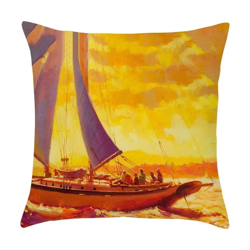 Beautiful Oil Painting Sail Sailing Landscape Print Pattern Cushion Cover Home Living Room Sofa Decoration Pillow