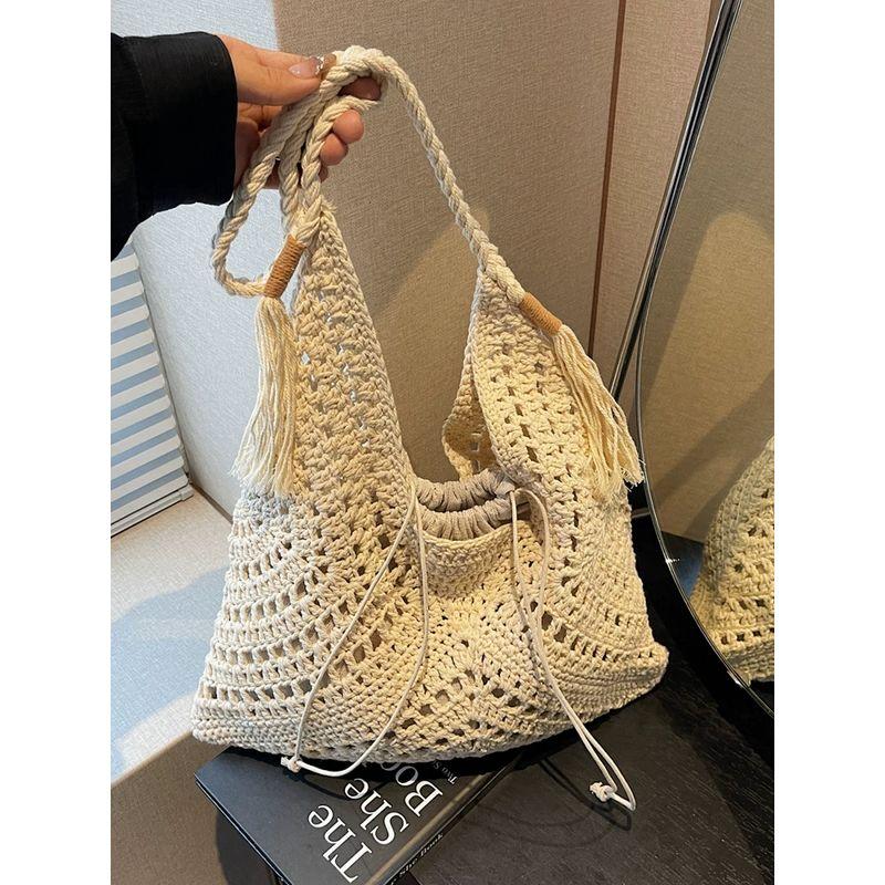 

Bai Tiya Популярная плетеная большая сумка 2025 Новая модная сумка-тоут с кисточками в стиле «все сочетается» для отдыха, пляжная сумка Beige