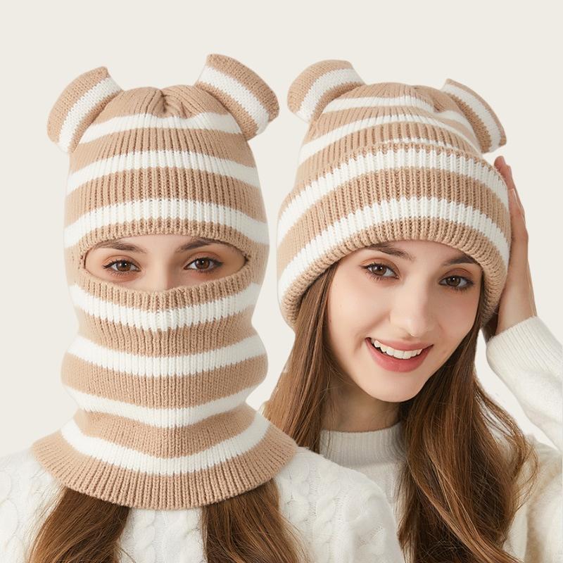 

Bear-Eared Striped Knitted Hat with Face Covering and Integrated Neck Warmer for Men and Women One Size