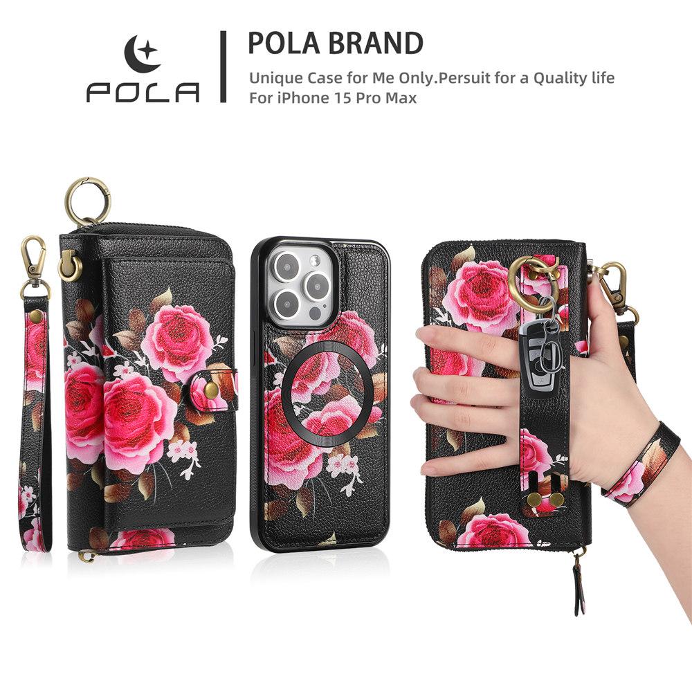 Wristband Detachable Wallet Leather Flower Case For iPhone 16 15 14 Plus 13 12 11 Pro Max XR XS Cards Slot Zipper Cover