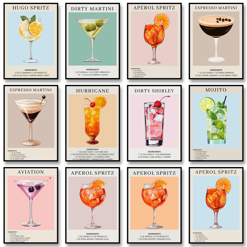 Cocktail Art Decor Poster Watercolor Retro Drink Print Minimalist Elegant Sophisticated Wall Art Picture for Home Decoration