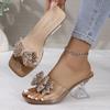 Mid-calf Shoes with Square Toe, Crystal Heels, Transparent Straps, Summer Flip-flops for Women