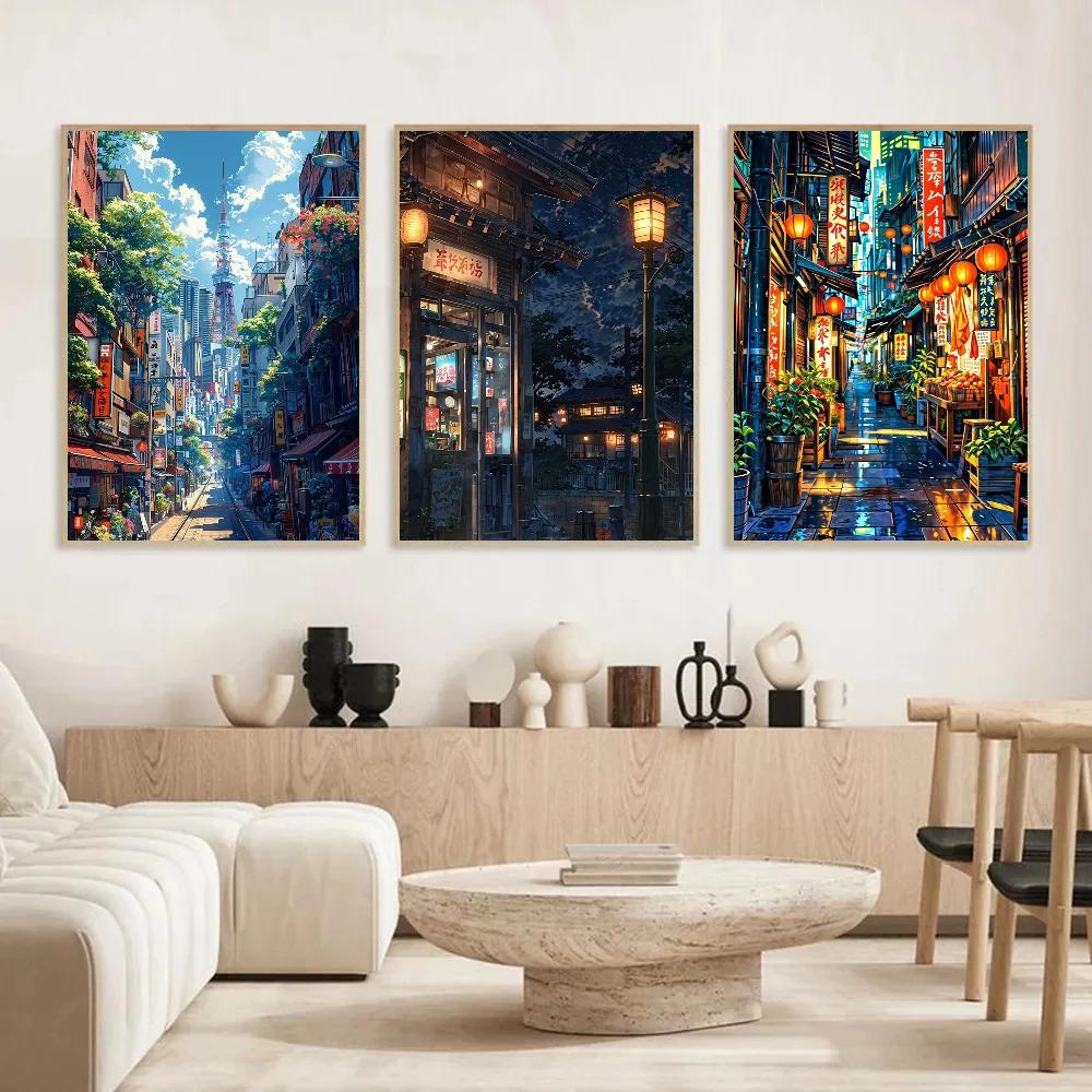 Manga Style Japanese Street Landscape Canvas Prints Night Hut Wall Art Posters for Living Room Coffee House Bar Home Decor Gifts