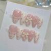 10Pcs Cute Cat Eye Almond Fake Nails Blue Shiny With Small Rhinestones Nude Short Oval Finished Artificial Manicure