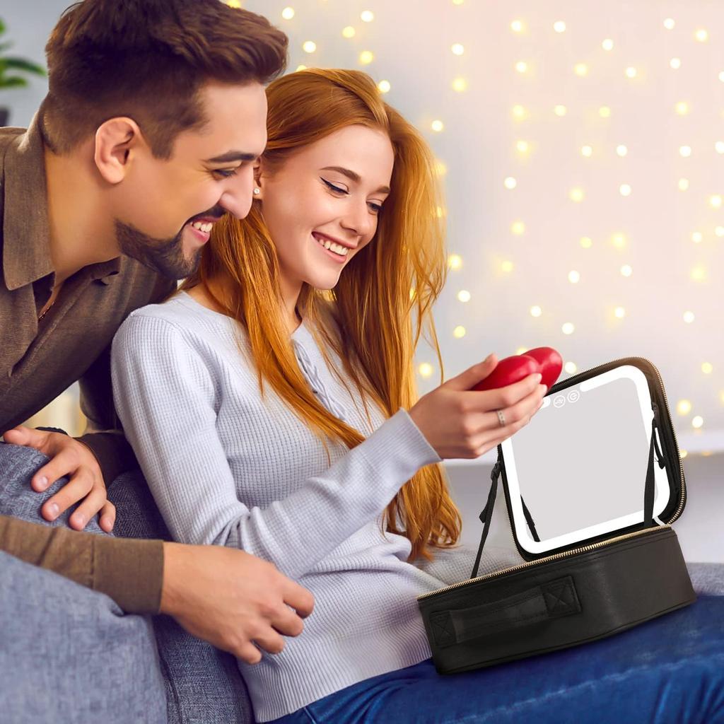 Travel Makeup Bag with LED Lighted Make up Case with Mirror 3 Color Setting Cosmetic Makeup Box Organizer Vanity Case for Women Beauty Tools