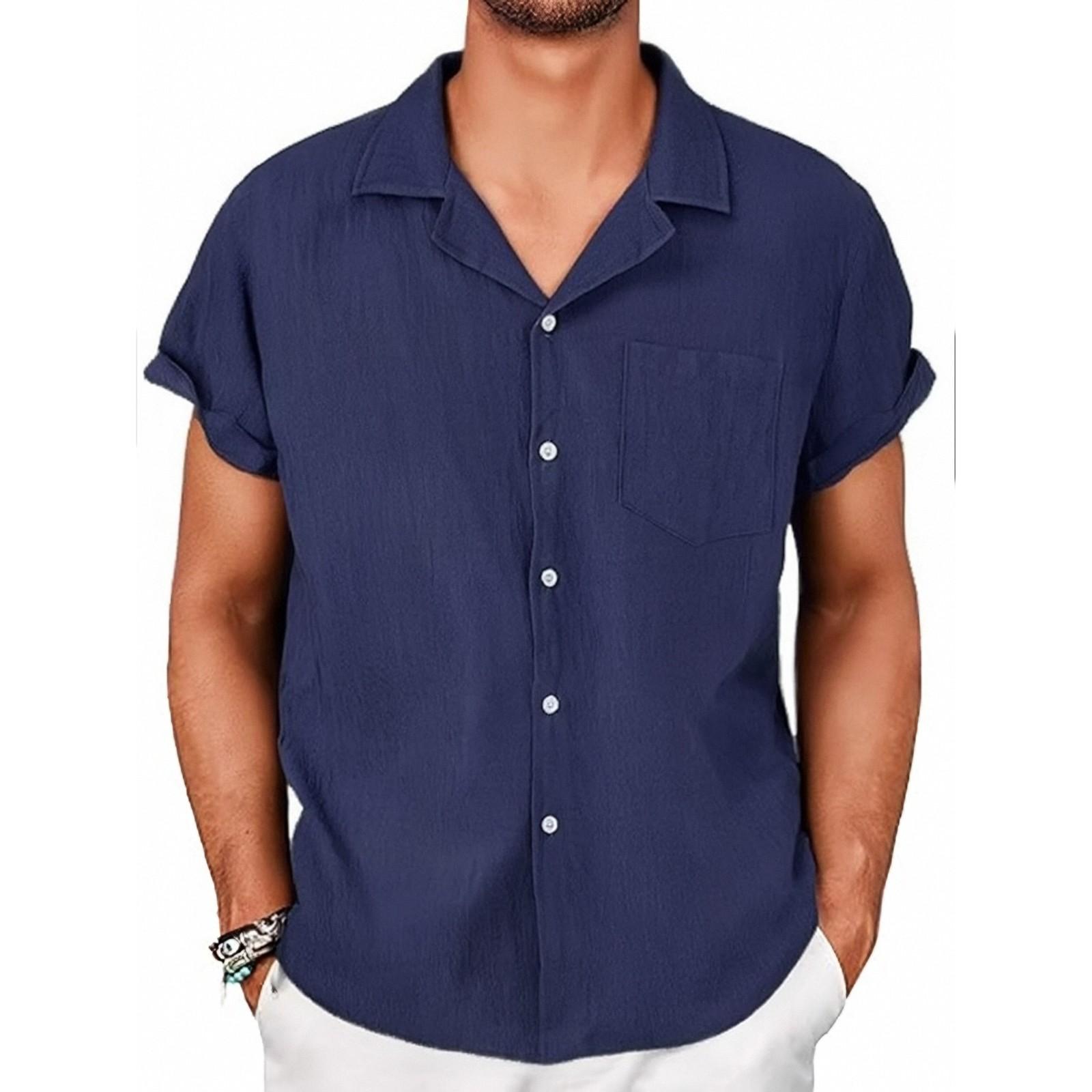 

Летняя хлопковая конопляная хлопковая тонкая повседневная однотонная рубашка со стоячим воротником синего цвета свободного покроя S тёмно-синий