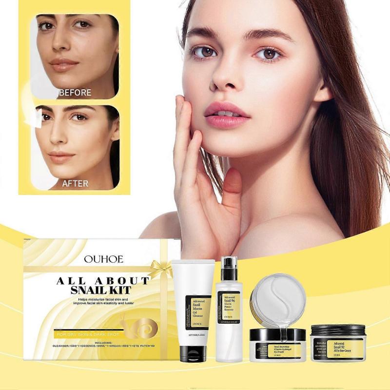 1-6PCS OUHOE All About Snail Mucin Kit Face Cream, Essence Toner, Cleansing Gel, and Eye Mask Facial